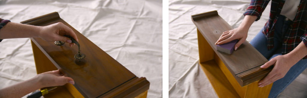 Two images side by side. First shows a person removing a handle from a drawer, the other, a person sanding a drawer.