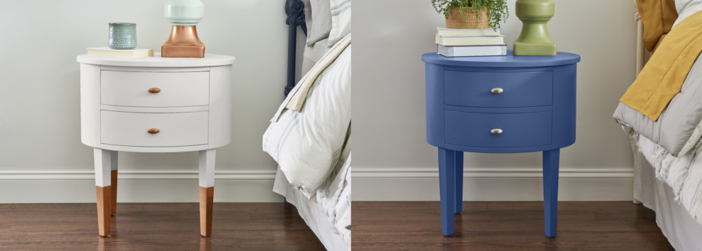 AAfter and Before image sitting side by side. After is the white nightstand. Before is a blue nightstand.
