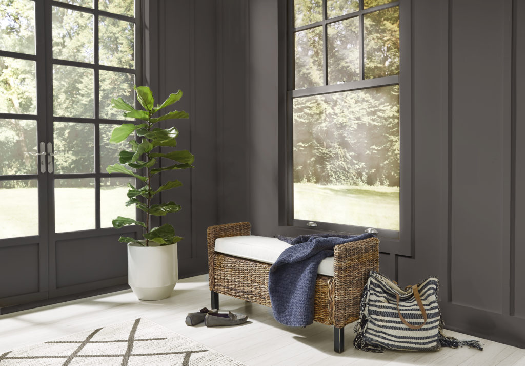 Entryway with all walls painted in a subtle black tone that is Peppery. 