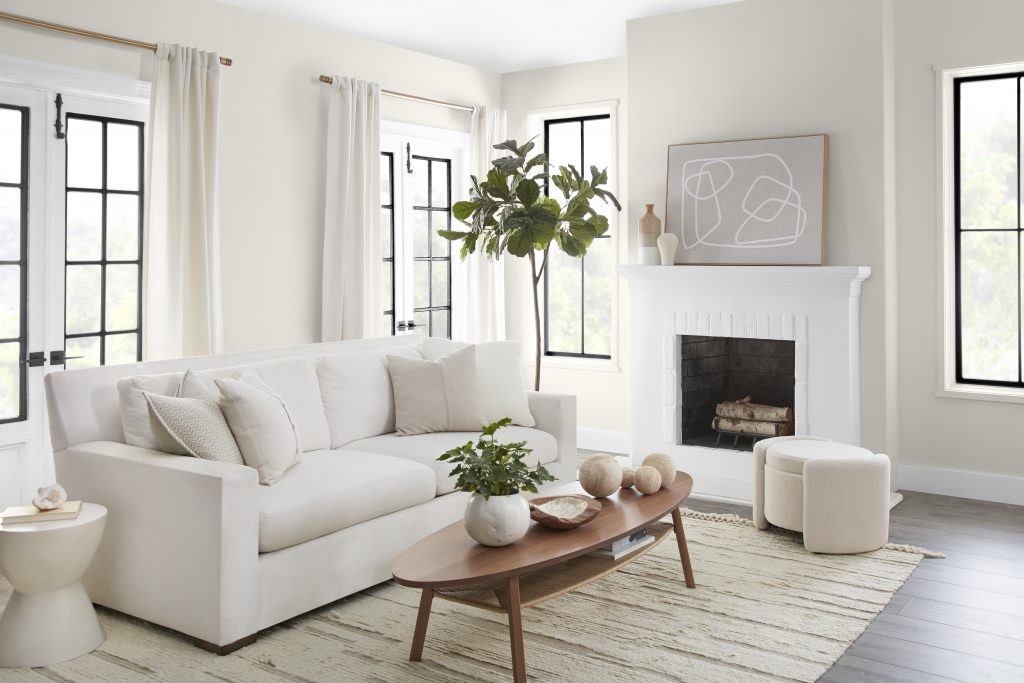 A stylish and inviting living room space painted in Blank Canvas. Hues of brown, grey, and black accentuate this otherwise white living room, making it feel inviting.