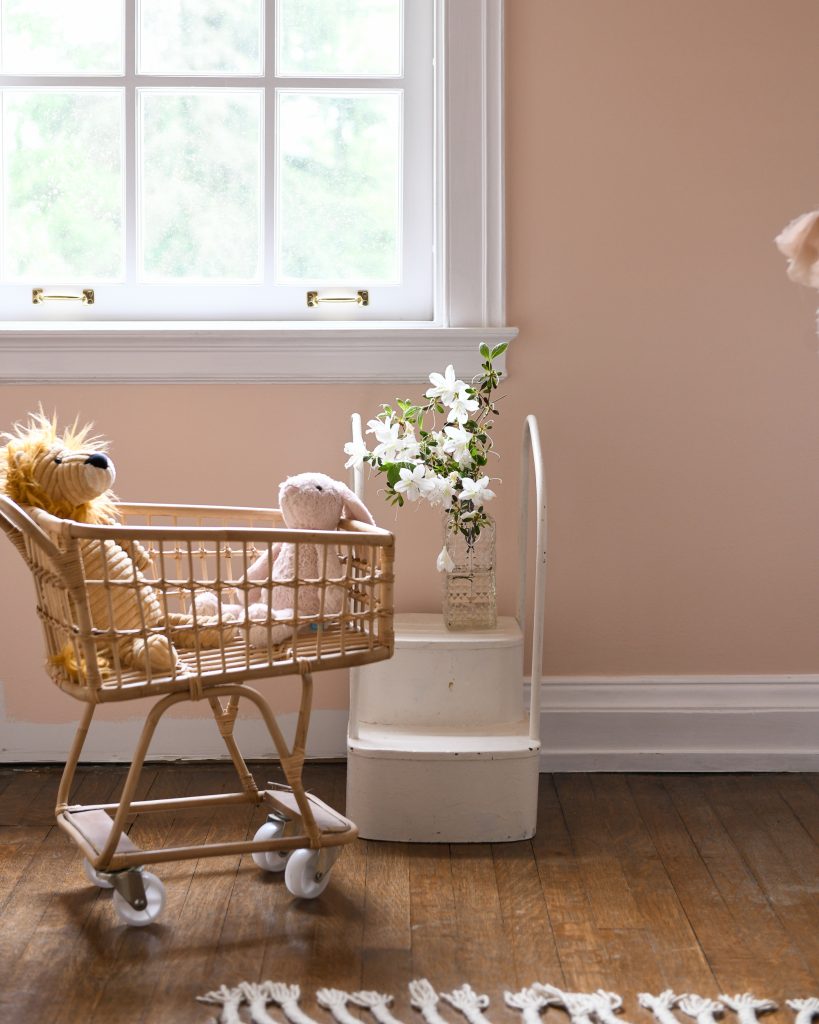 Closeup of the bedroom window and wall with a toy shopping cart and stuffed animals