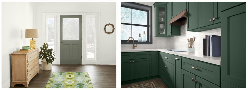 A bright entryway with the front door painted in a muted green colour named Conifer Green. A kitchen with cabinets painted in a deep green colour named Vine Leaf.