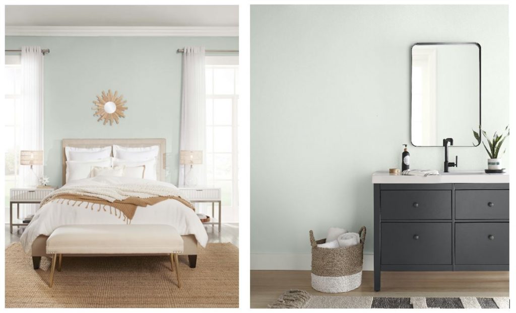 A bright and airy bedroom with the walls painted in a light cool green named Brook Green. A bathroom with walls in the same colour and styled with a vanity painted in a dark grey colour named Cracked Pepper.