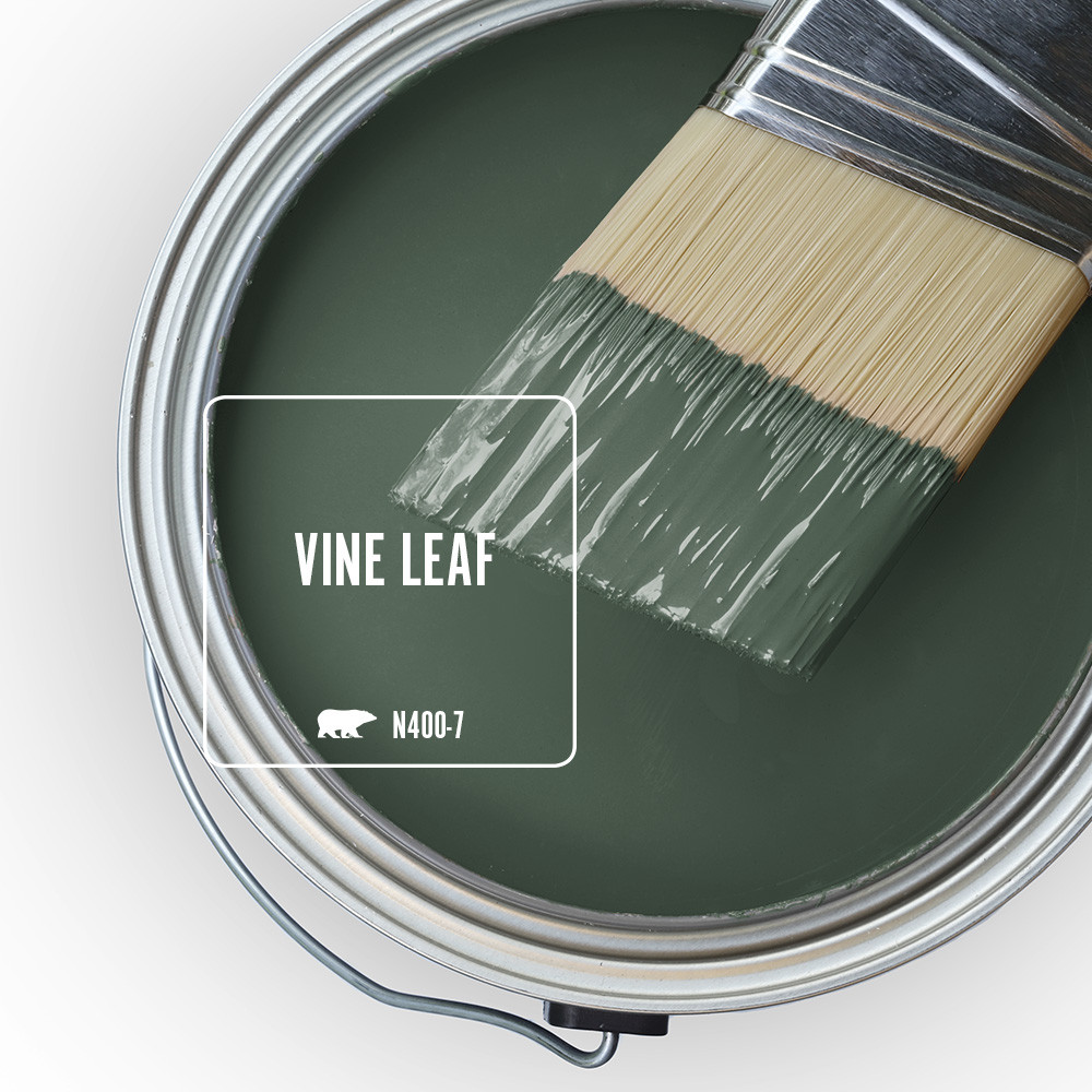 An open paint can with a paintbrush sitting on top. The colour in the can is Vine Leaf.