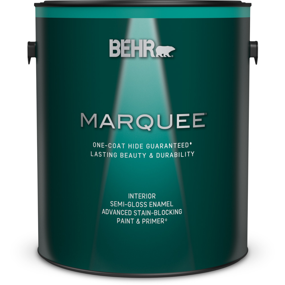 A can of BEHR MARQUEE Interior Paint & Primer in a Semi-Gloss finish