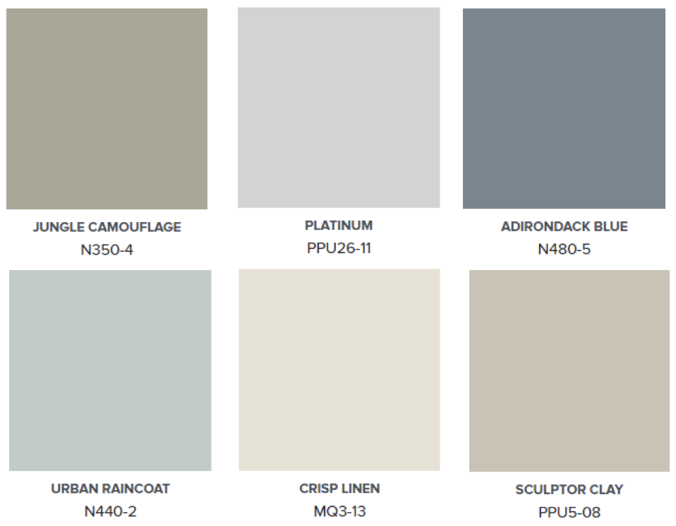 A colour palette with Jungle Camouflage, Platinum, Adirondack Blue, Urban Raincoat, Crisp Linen, and Sculptor Clay