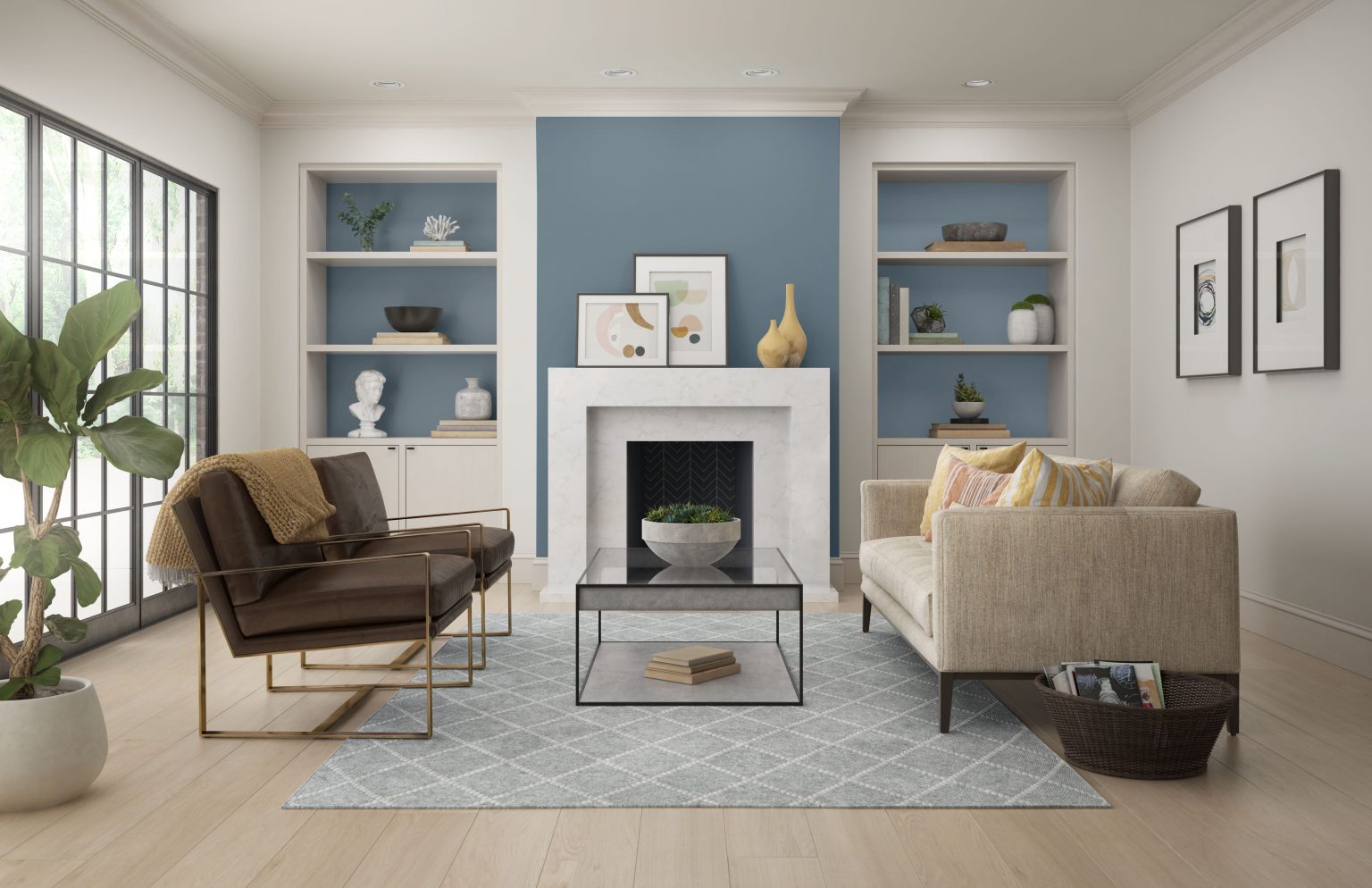 A contemporary living room with an accent wall painted in Adirondack Blue