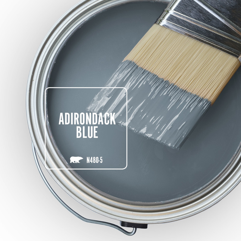 The top view of an open paint can featuring the colour Adirondack Blue 