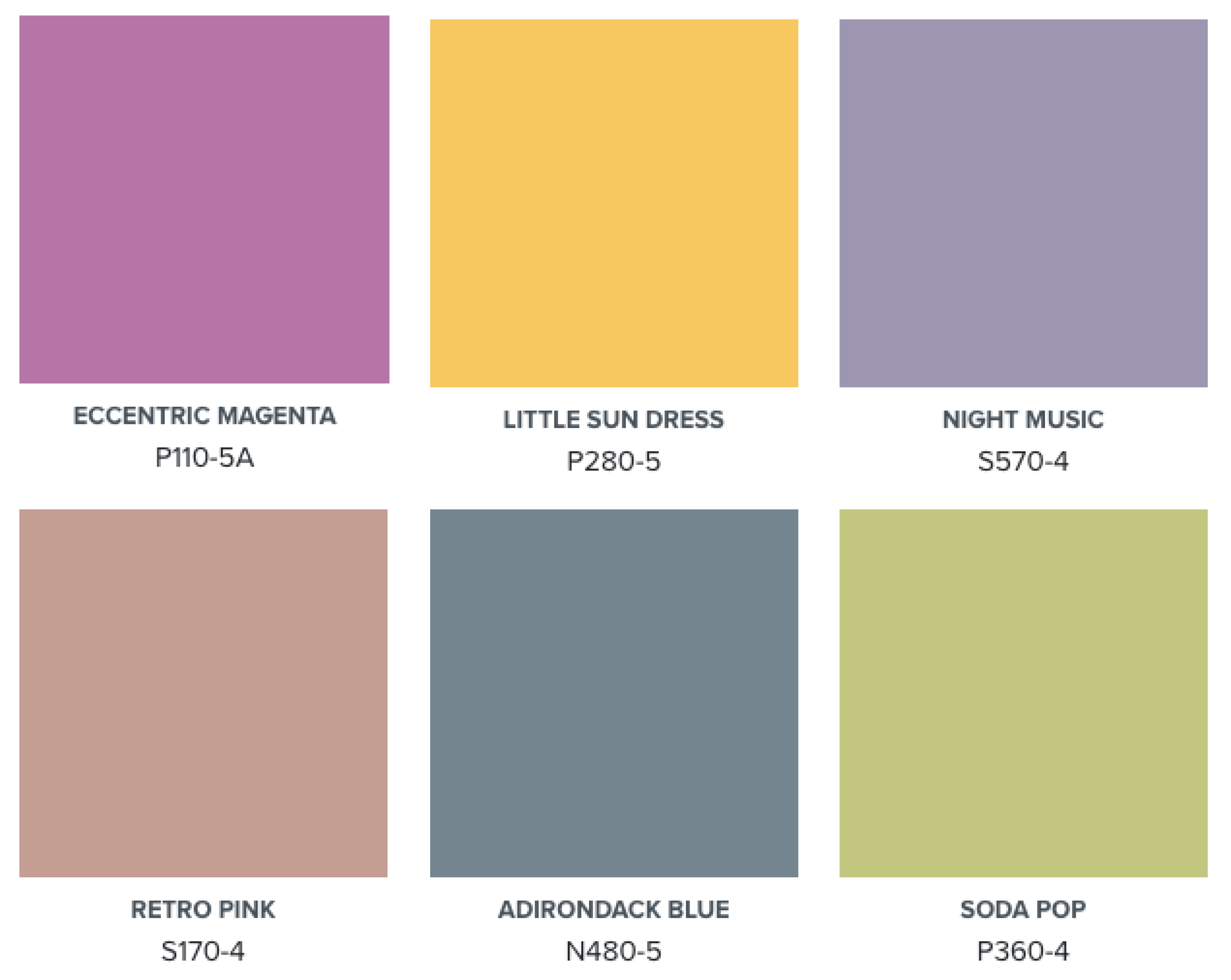 A colour palette showing Eccentric Magenta, Little Sun Dress, Night Music, Retro Pink, Adirondack Blue, and Soda Pop