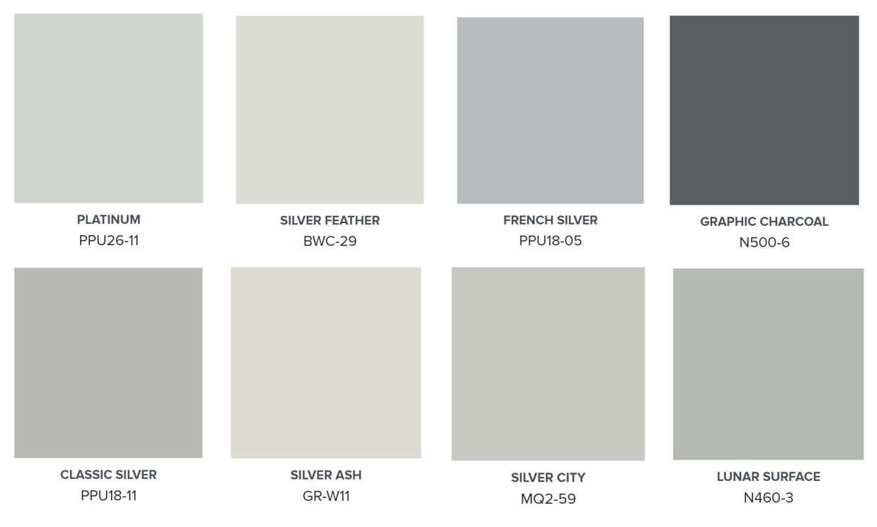 A palette of eight different grey paint colours