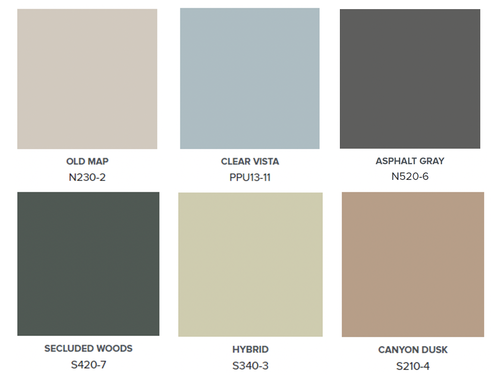 A palette of six colours inspired by summer road trips and the outdoors – Old Map, Clear Vista, Asphalt Gray, Secluded Woods, Hybrid, and Canyon Dusk