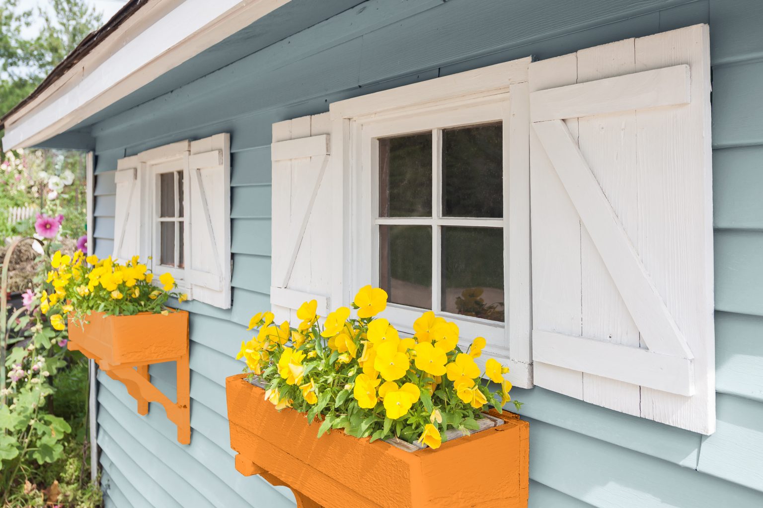 The exterior of a home with two planter boxes in the colour Joyful Orange filled with yellow flowers