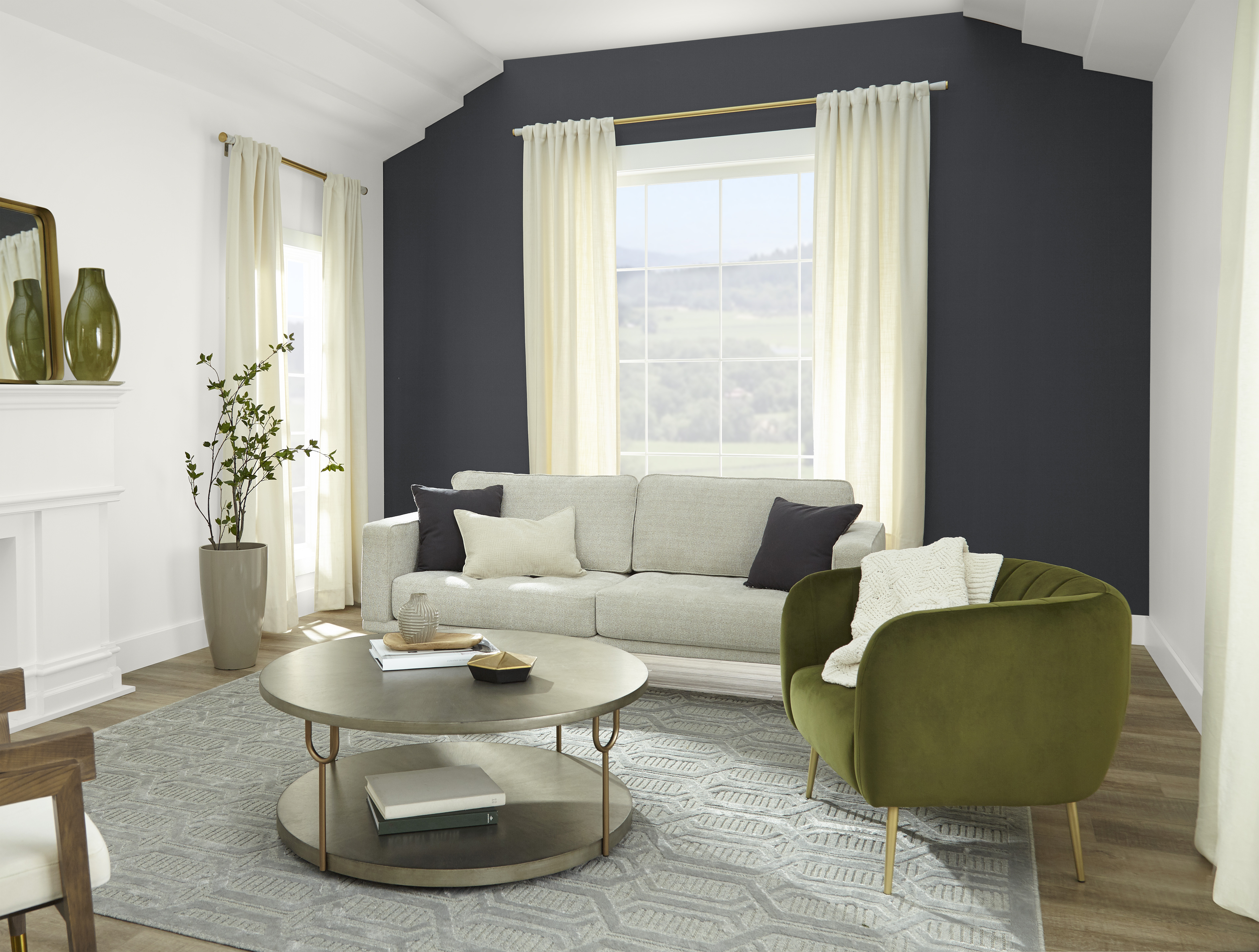 An elegant living room with white walls and ceiling, with an accent wall in the colour Cracked Pepper