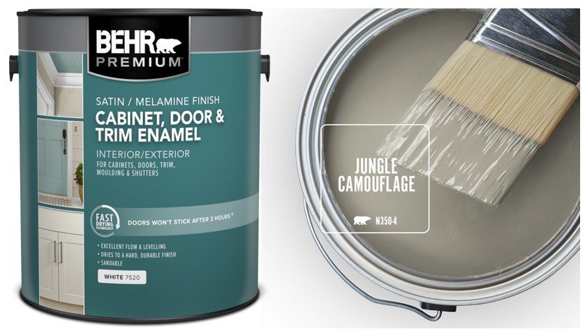 A can of BEHR PREMIUM Cabinet, Door & Trim Enamel Paint on the left and the top view of an open paint can featuring the colour Jungle Camouflage on the right
