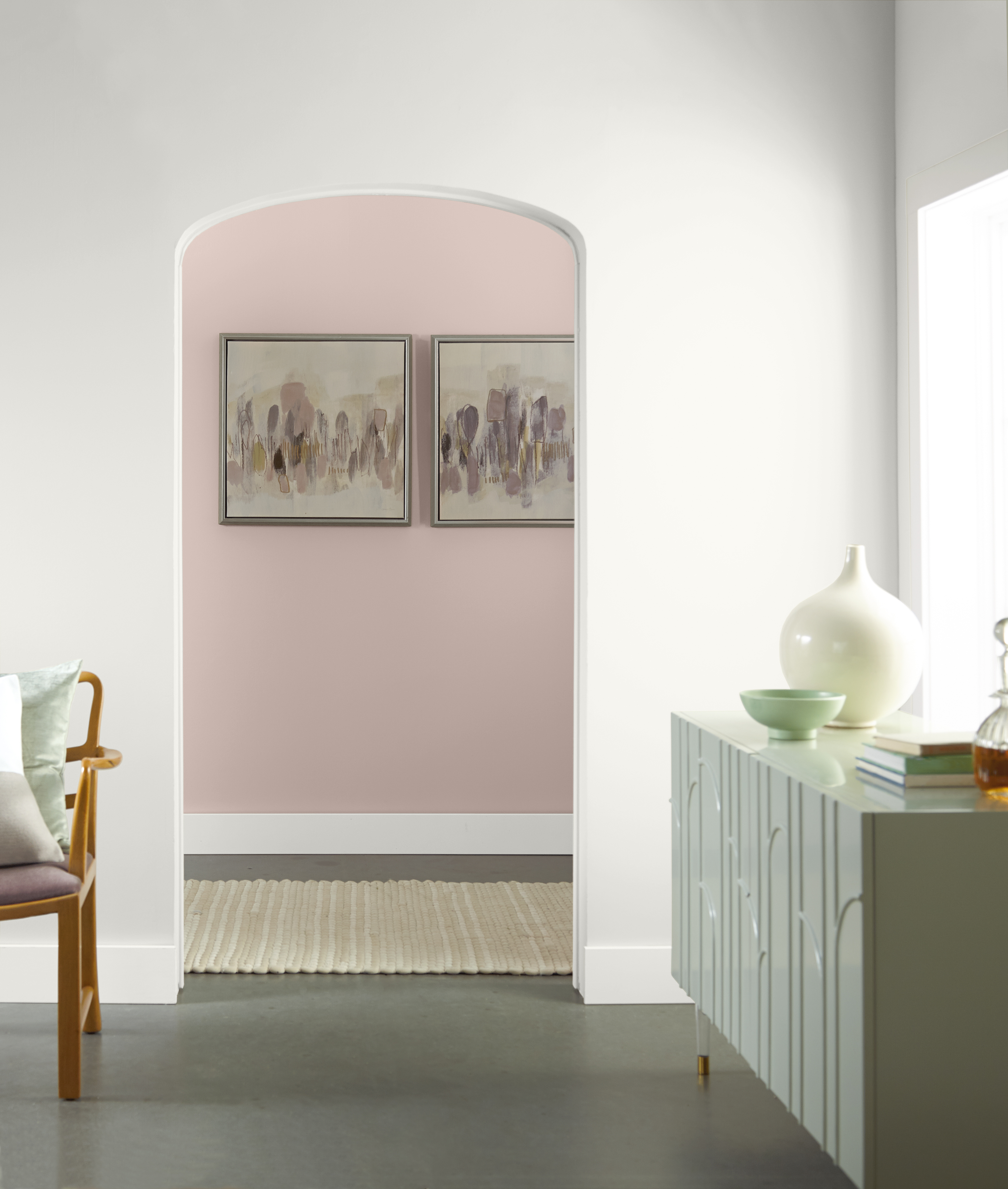 A view into a hallway with walls in the colour Malted
