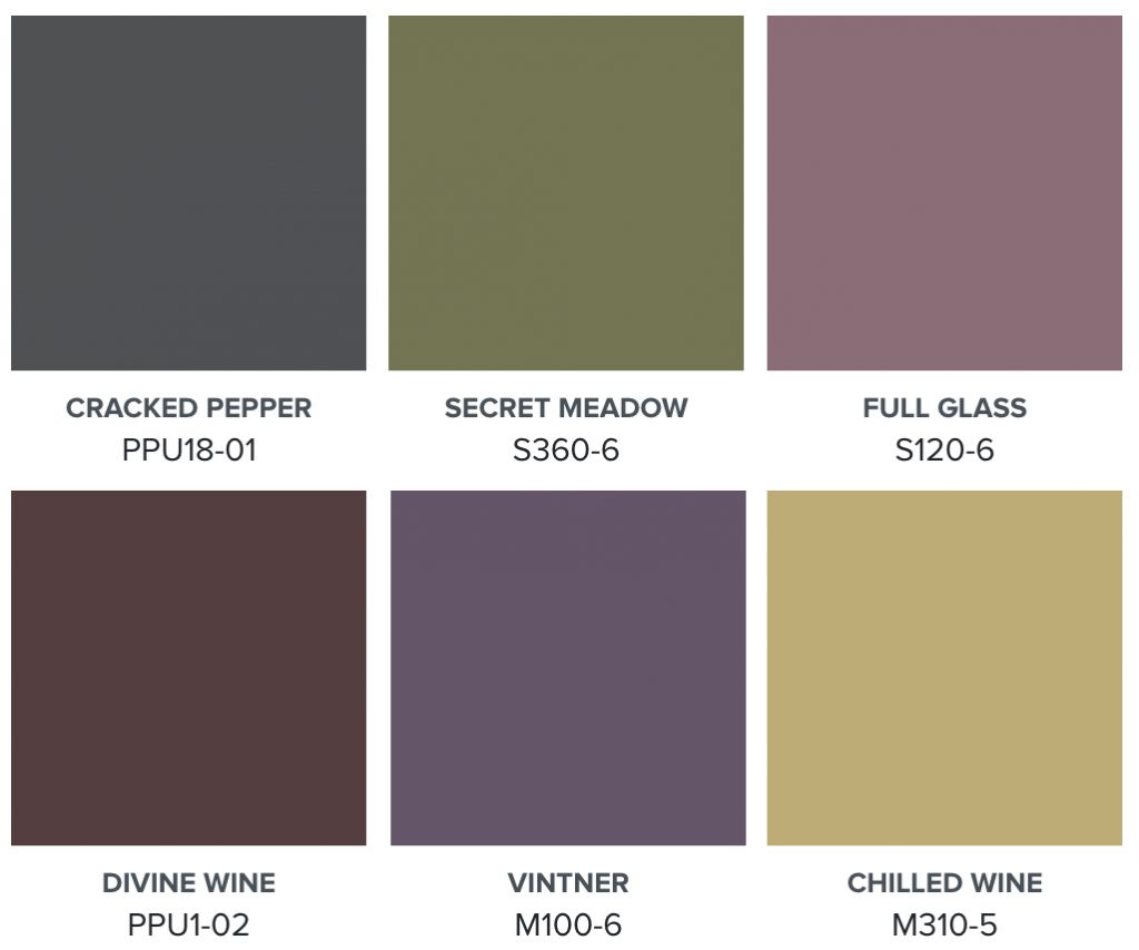 A palette of six colours inspired by wine – Cracked Pepper, Secret Meadow, Full Glass, Divine Wine, Vintner, and Chilled Wine