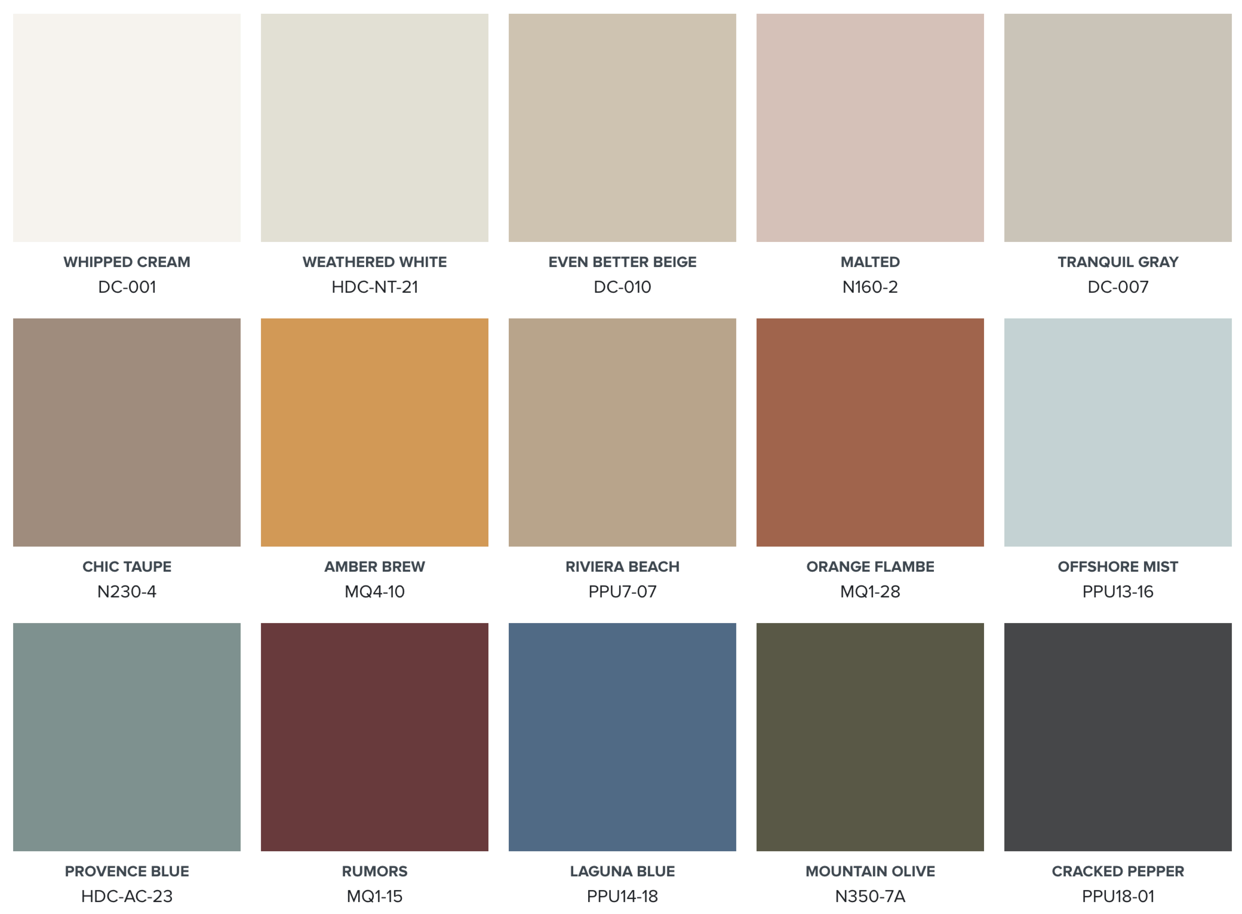 Colour chips of the BEHR 2024 Colour Trends – Whipped Cream, Weathered White, Even Better Beige, Malted, Tranquil Gray, Chic Taupe, Amber Brew, Riviera Beach, Orange Flambe, Offshore Mist, Provence Blue, Rumors, Laguna Blue, Mountain Olive, and Cracked Pepper 