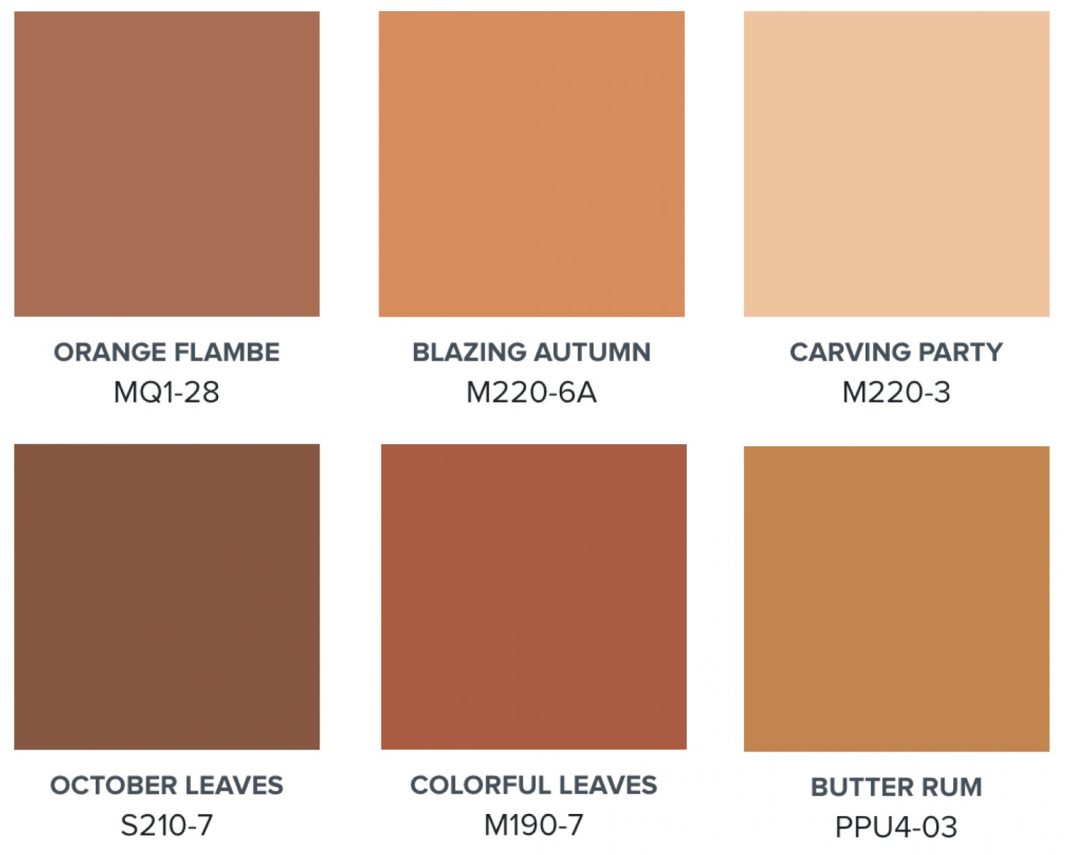 A palette of six orange hues – Orange Flambe, Blazing Autumn, Carving Party, October Leaves, Colorful Leaves, Butter Rum