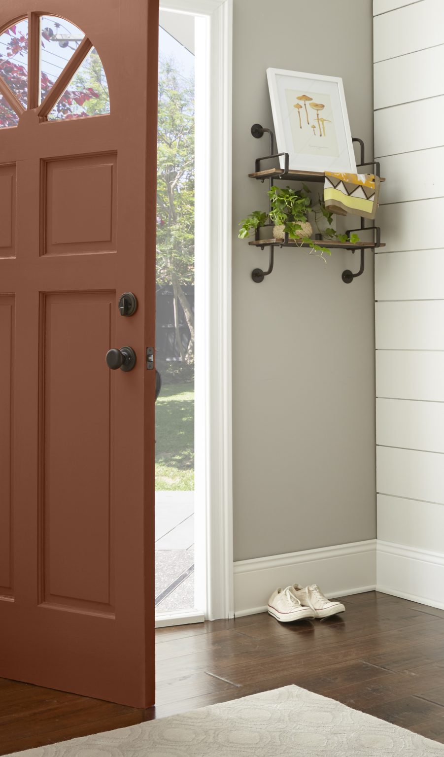 An entry way with the door in the colour October Leaves