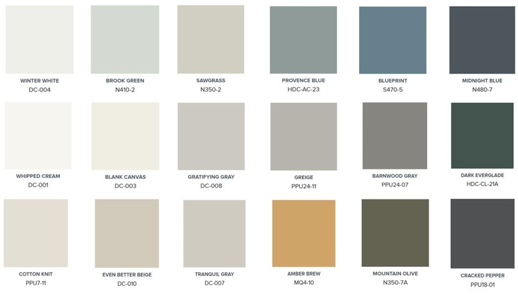 A colour palette inspired by farmhouse aesthetics – Winter White, Brook Green, Sawgrass, Provence Blue, Blueprint, Midnight Blue, Whipped Cream, Blank Canvas, Gratifying Gray, Greige, Barnwood Gray, Dark Everglade, Cotton Knit, Even Better Beige, Tranquil Gray, Amber Brew, Mountain Olive, and Cracked Pepper