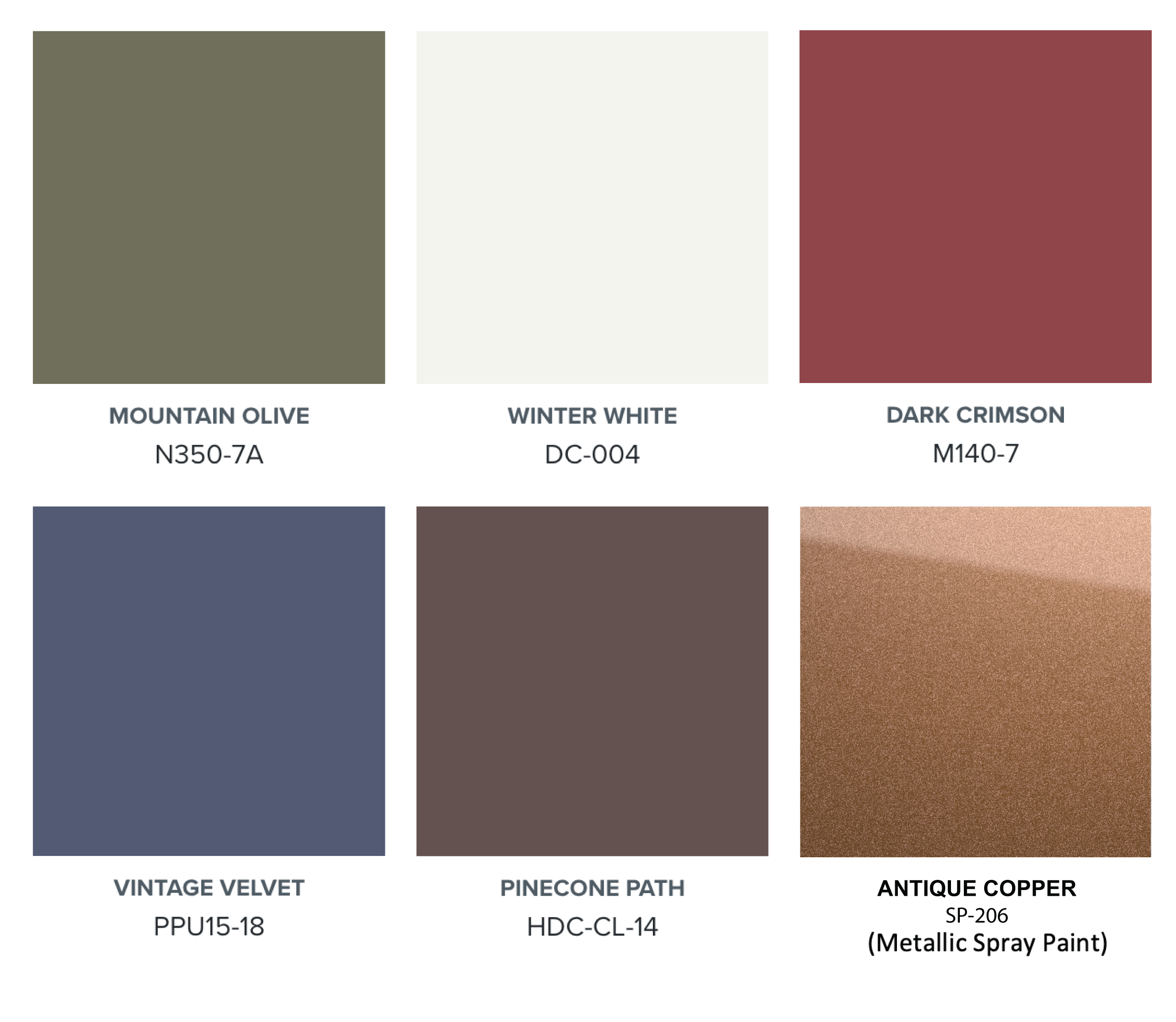 A palette of six colours – Mountain Olive, Winter White, Dark Crimson, Vintage Velvet, Pinecone Path, and Antique Copper (Metallic Spray Paint)