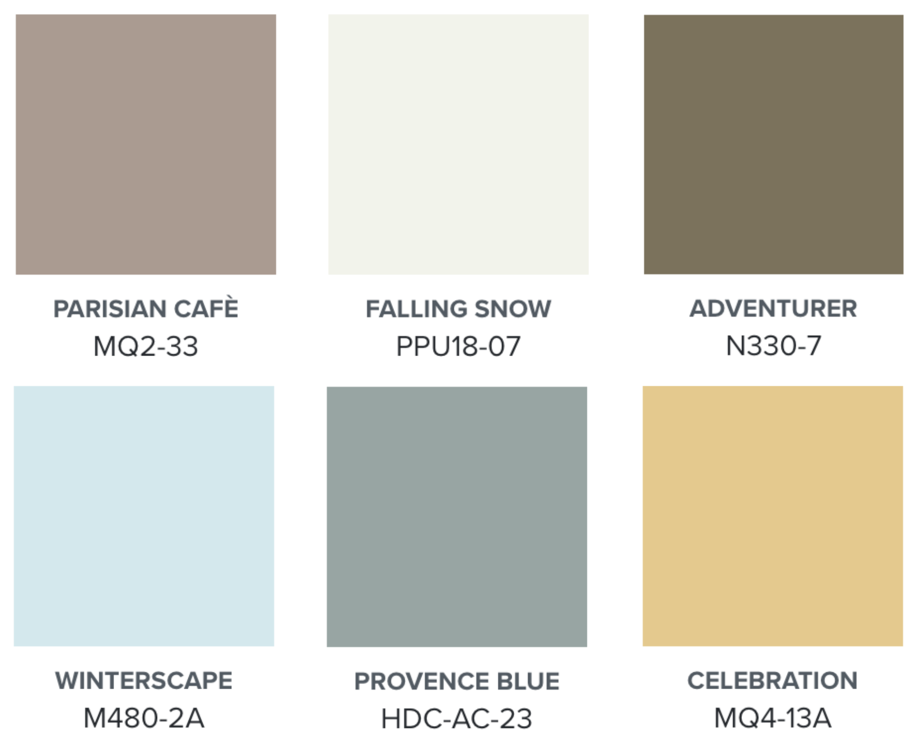 A palette of six colours – Parisian Café, Falling Snow, Adventurer, Winterscape, Provence Blue, and Celebration