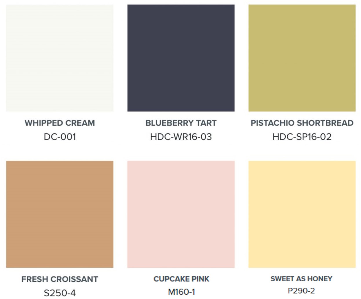 A palette with six colours – Whipped Cream, Blueberry Tart, Pistachio Shortbread, Fresh Croissant, Cupcake Pink, Sweet As Honey