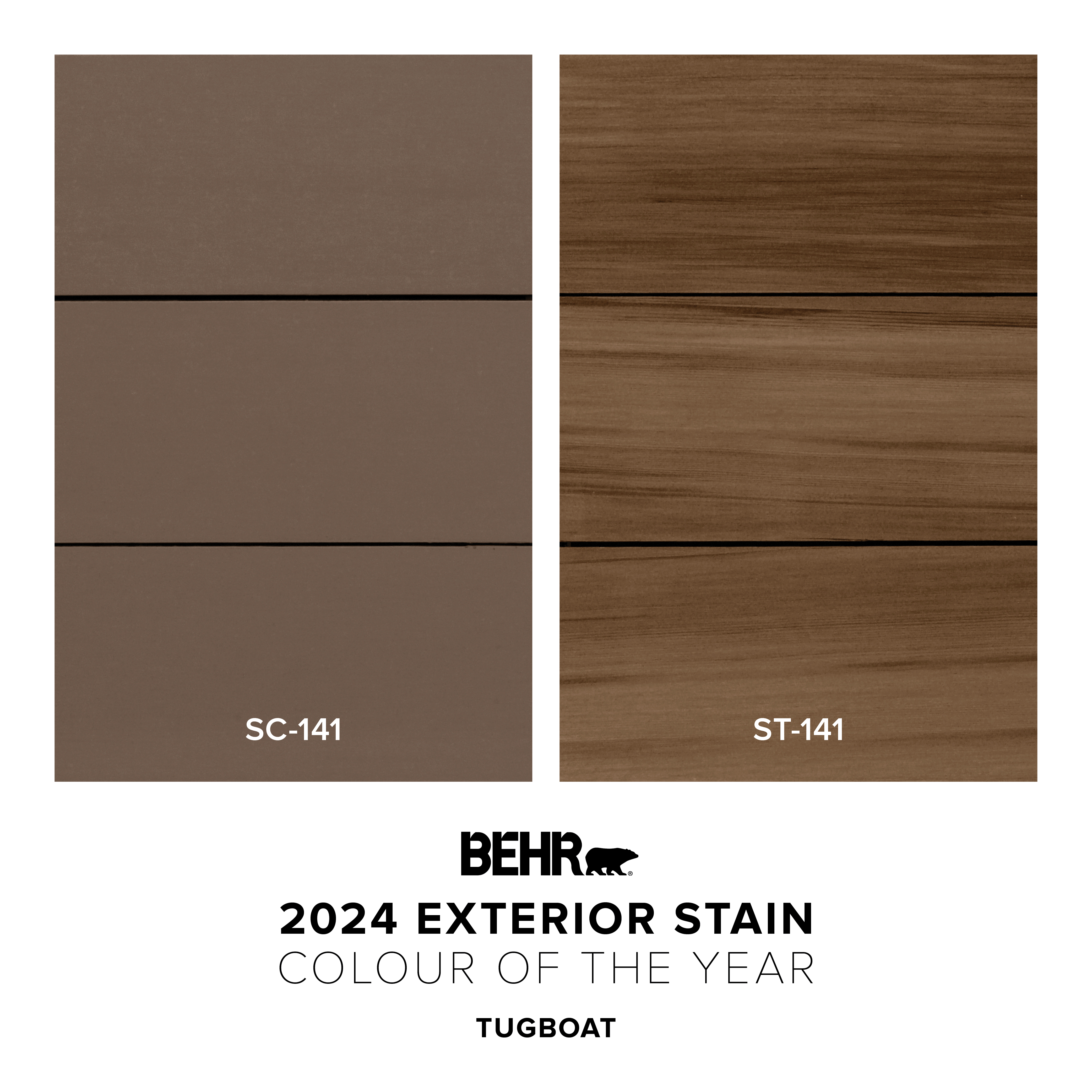 A side-by-side colour swatch of Tugboat in solid colour and semi-transparent wood finishes