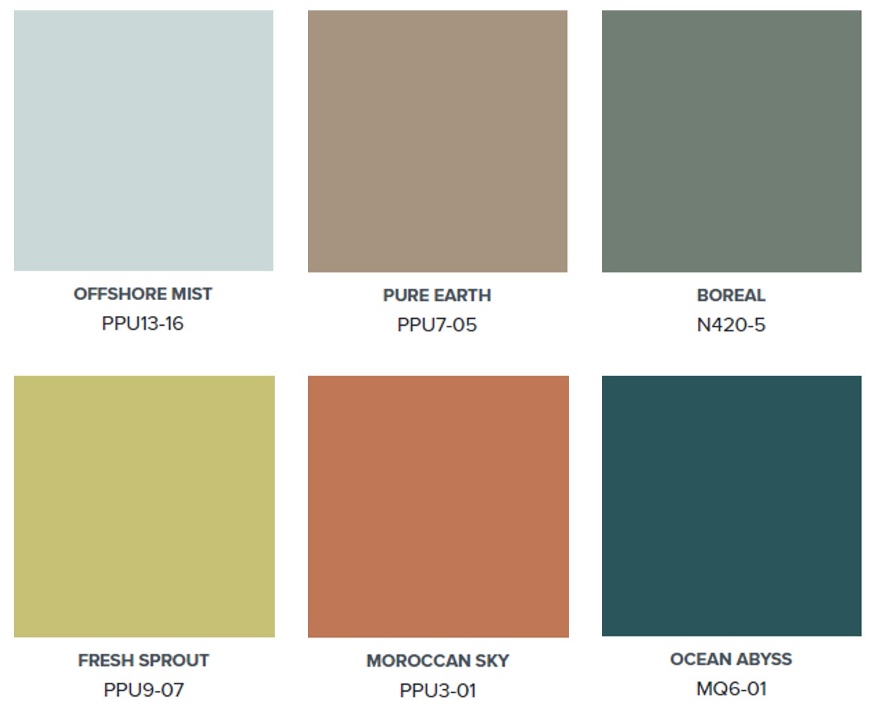 A palette of six colours – Offshore Mist, Pure Earth, Boreal, Fresh Sprout, Moroccan Sky, Ocean Abyss