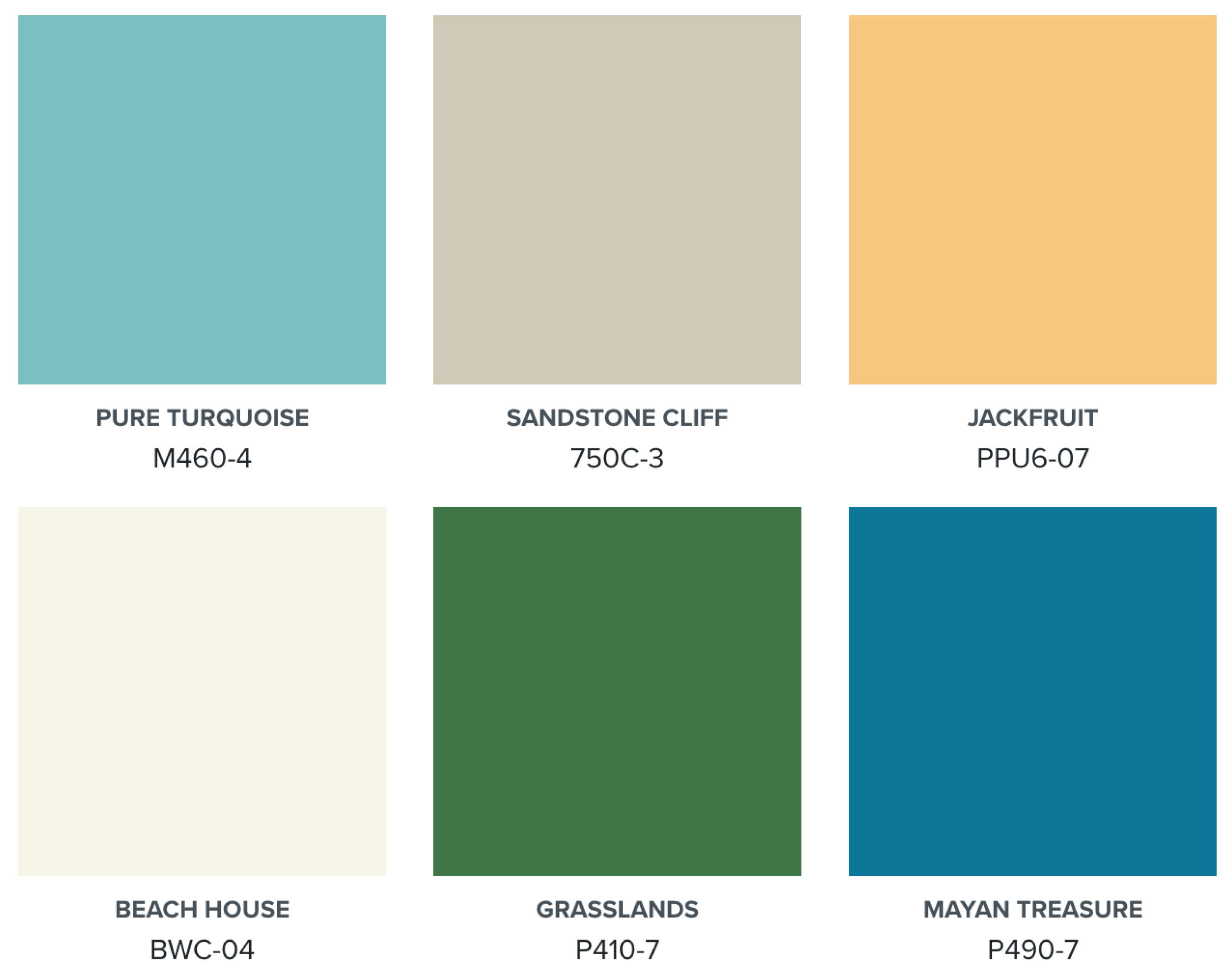 A colour palette showing vibrant and deep blues, citrusy yellow, grassy green, sandy neutral and a pearly white.
