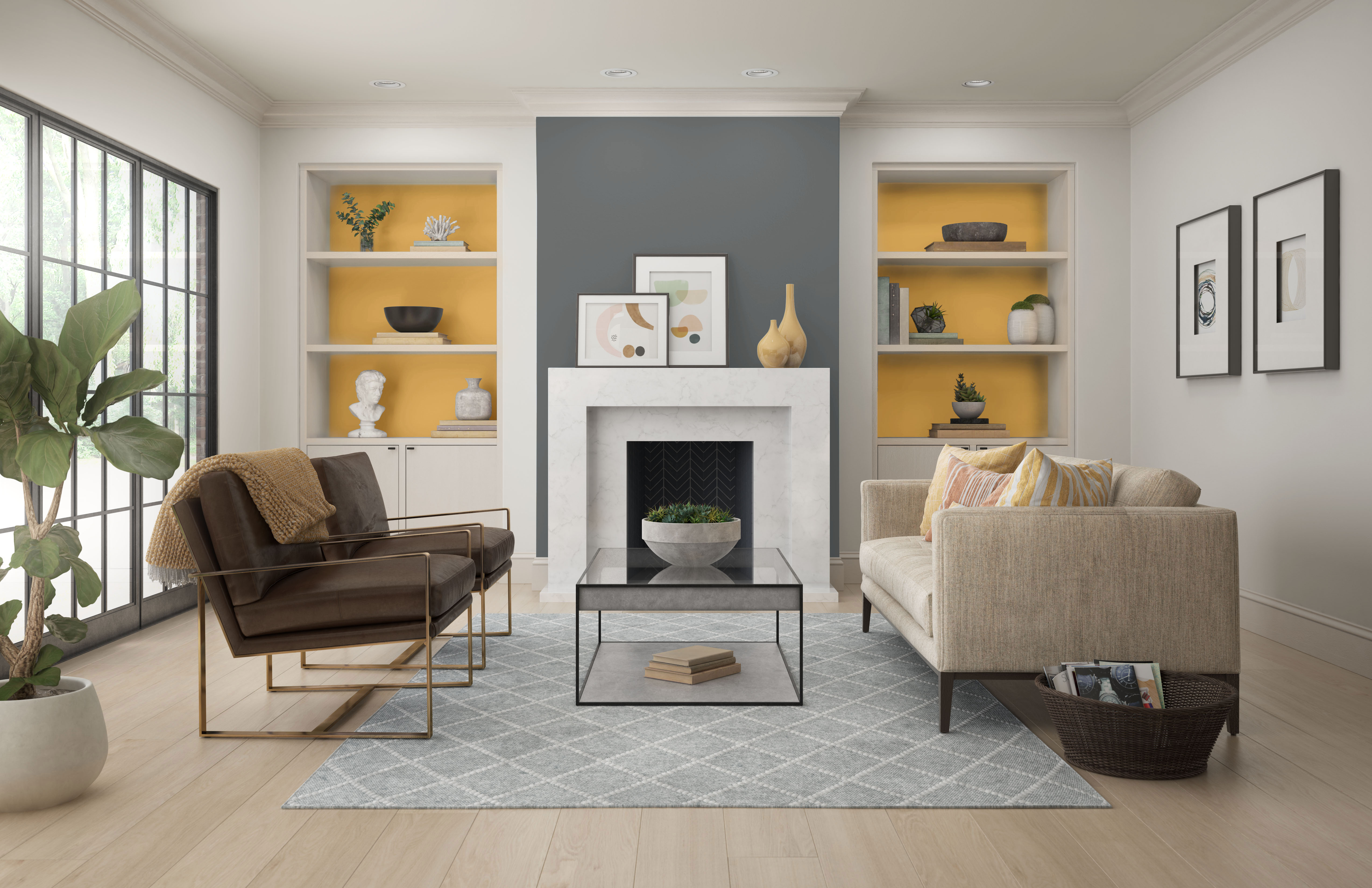 A contemporary living room featuring a dark gray fireplace and built-in shelves with a vibrant yellow back, adding a pop of colour to the modern space.
