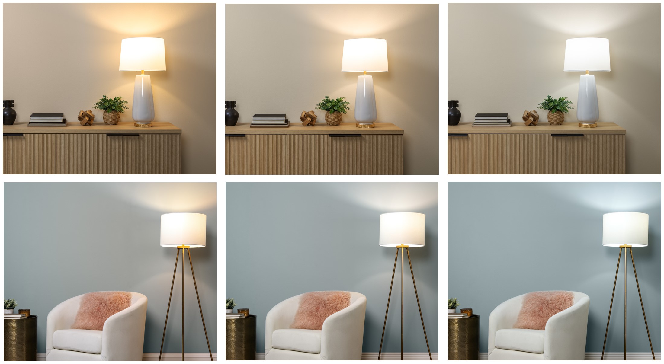 Six images in a grid format showing 6 different light sources in two different sets.