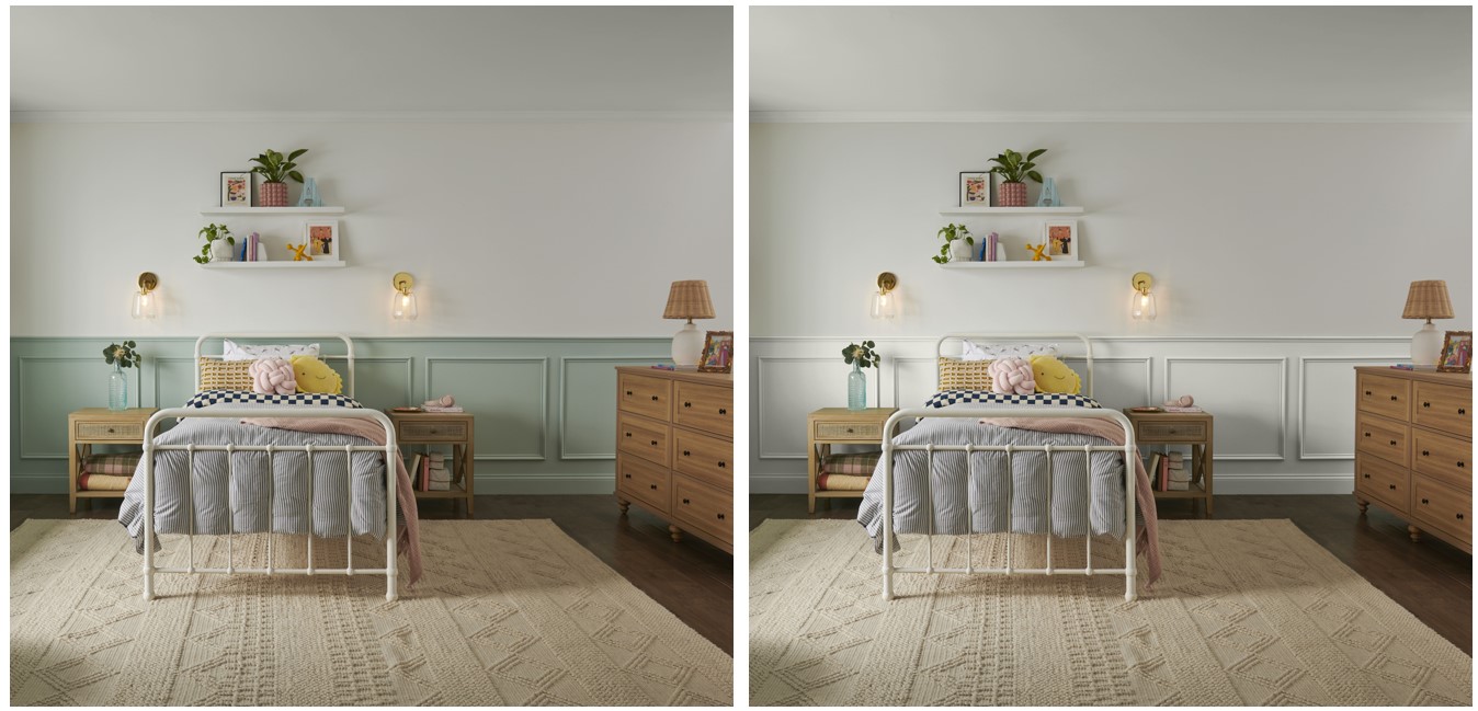 The image displays two side-by-side views of the same bedroom, each showcasing subtle differences in wall colour and décor.