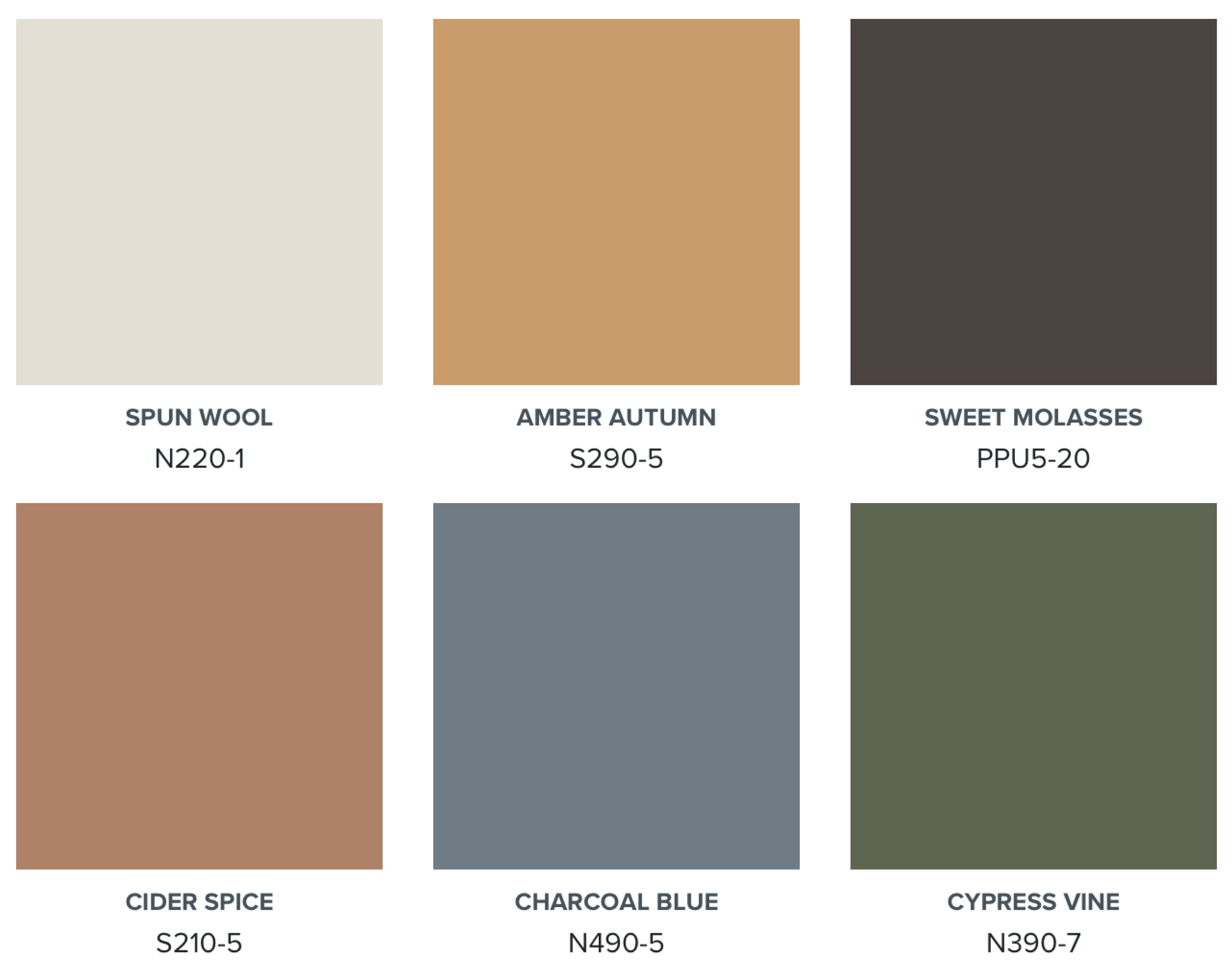 A colour palette with colours in soft taupe, golden yellow, rich brown, caramel orange, greyed-blue, and deep green.