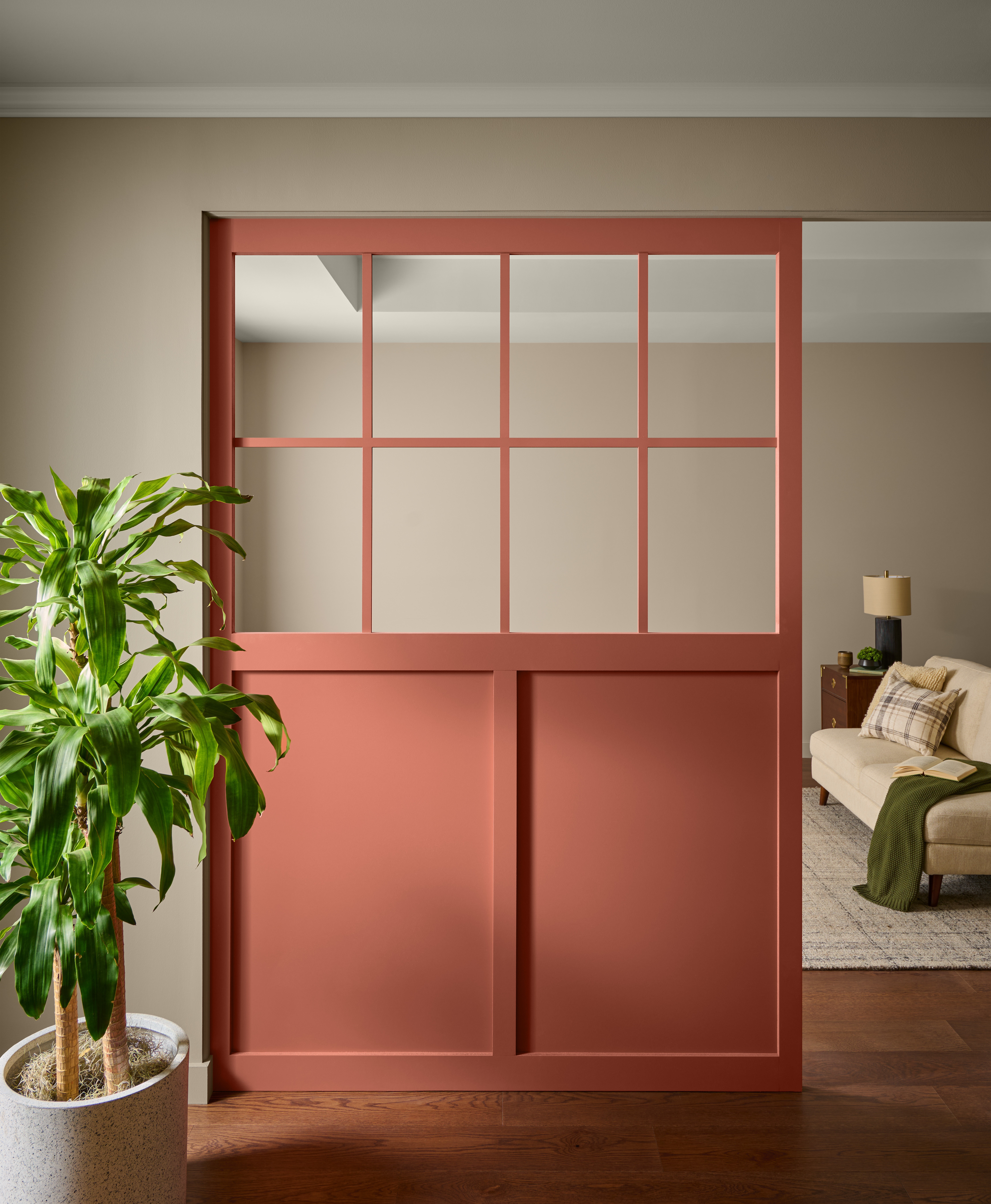 A room with a terra cotta colour partition and a plant.