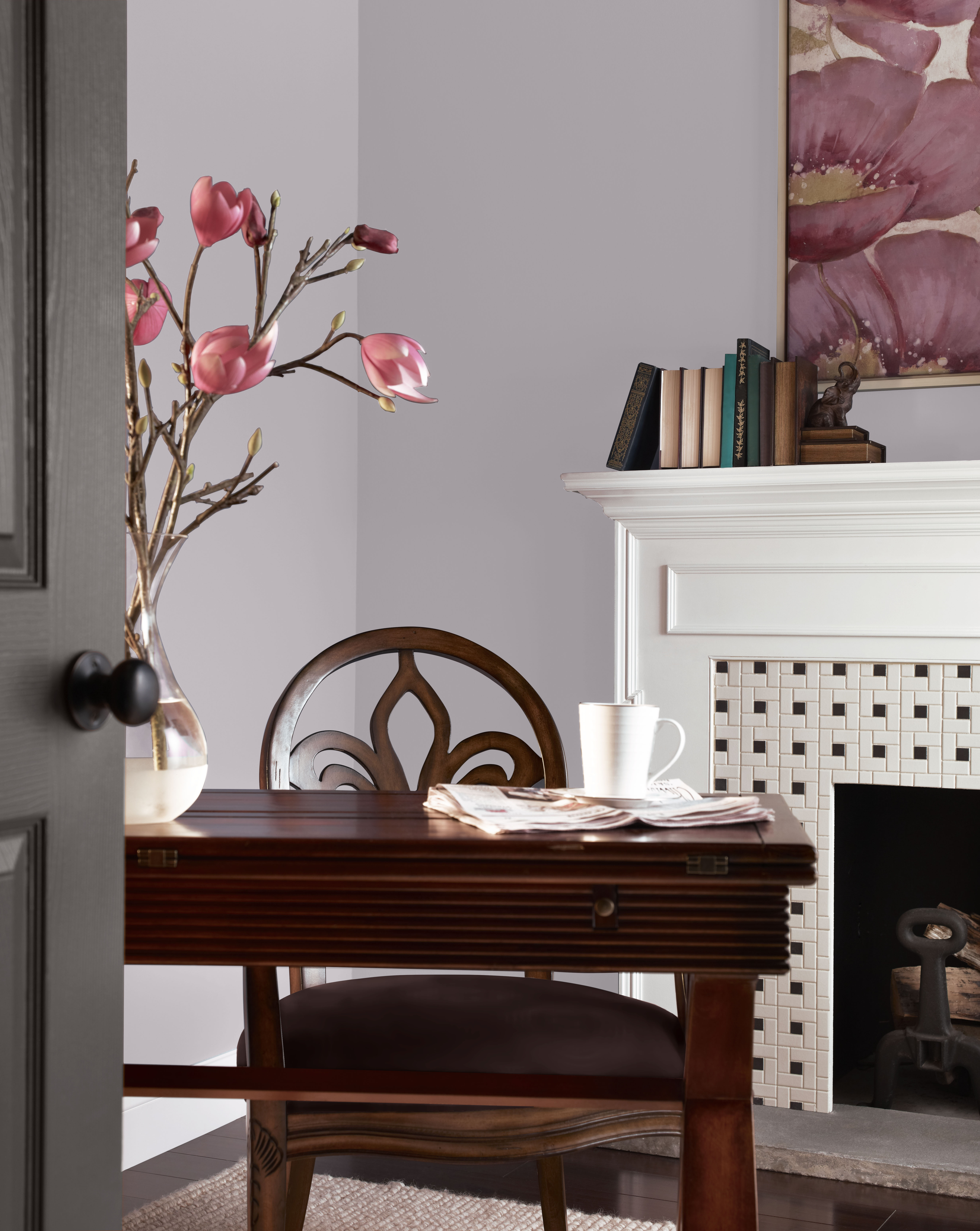 An office painted in an elegant lavender grey.