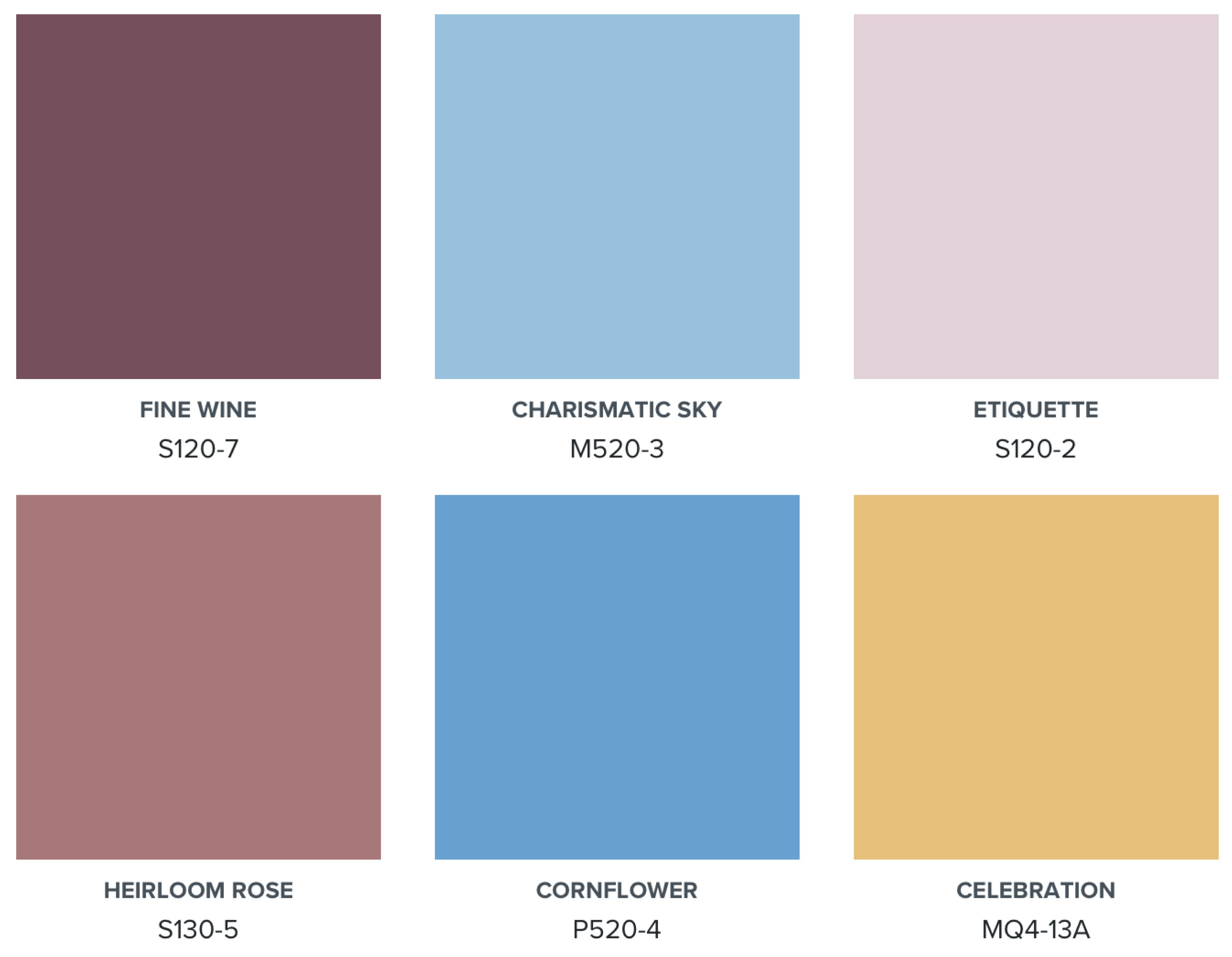 A curated palette with deep reds, saturated blues, softened pinks, and warm golden yellows.