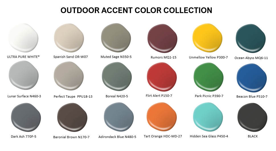 The digital chart of the BEHR Outdoor Accent Colour Collection showing multiple “paint drops”  with labels. Neutral tones on the left include ULTRA PURE WHITE®, Spanish Sand, Muted Sage, Lunar Surface, Perfect Taupe, Boreal, Dark Ash, Baronial Brown, and Adirondack Blue. Brighter accent colours  on the right include Rumors, Unmellow Yellow, Ocean Abyss, Flirt Alert, Park Picnic, Beacon Blue, Tart Orange, Hidden Sea Glass, and Black.