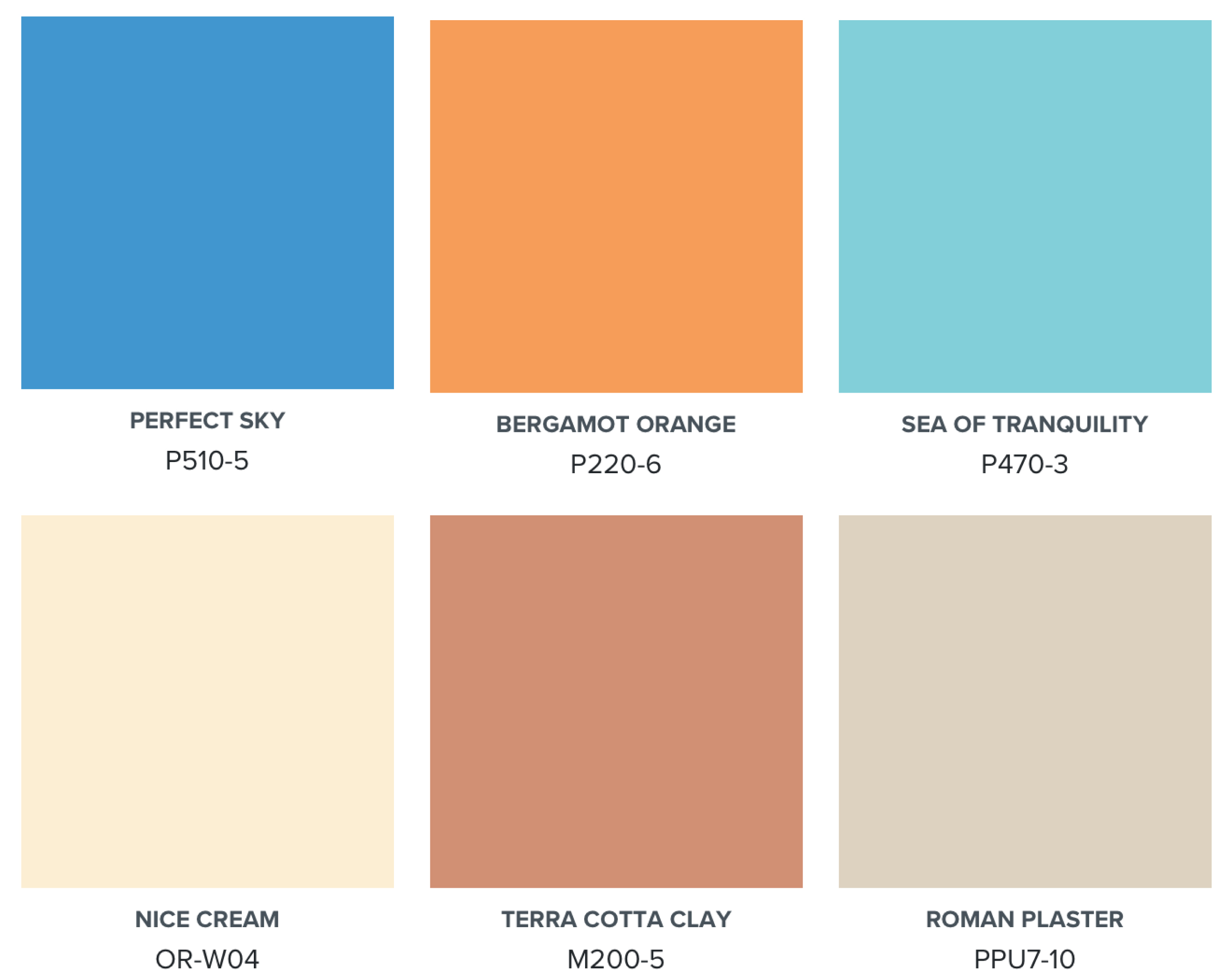 Colour palette graphic showing shades of blue, orange, terracotta, and soft neutral tones.
