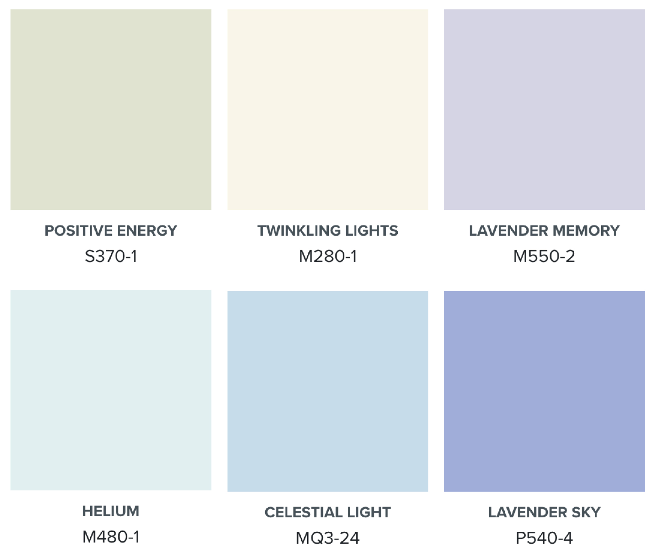 Celestial Glow pastel paint colour palette featuring pale lavender, mint green, sky blue, blue-green and warm off-white BEHR paint colours.