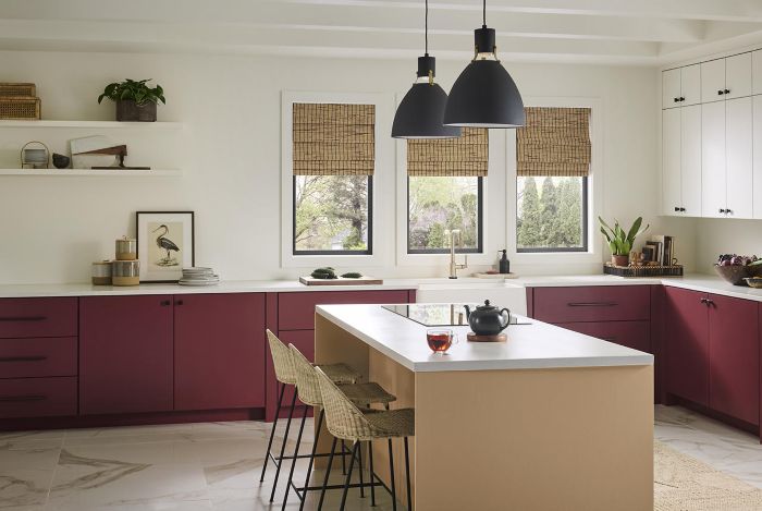 This kitchen showcases confident deep red paint colour on the lower cabinets paired with a tan brown island, natural textures, and modern black lighting.
