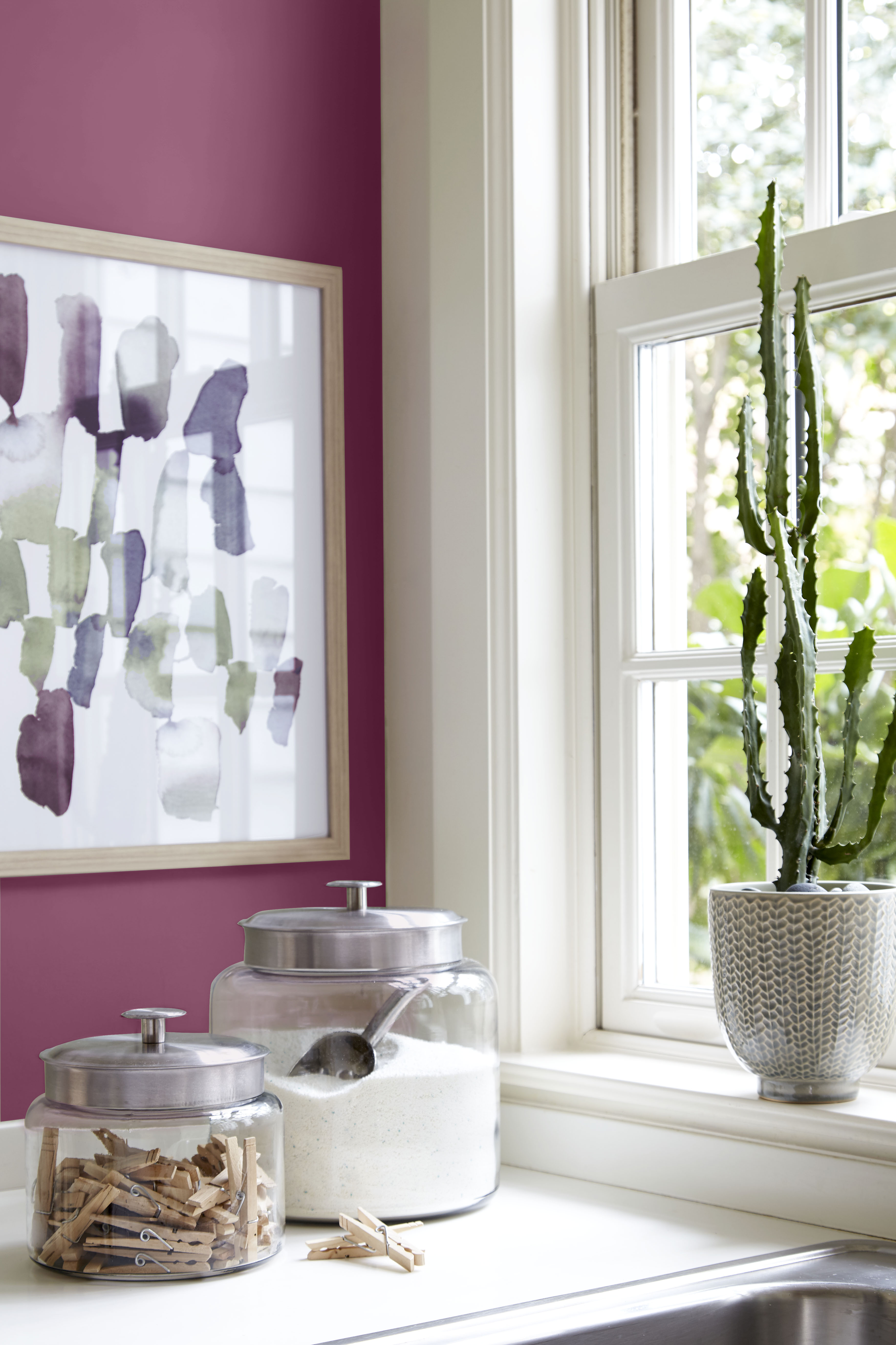 Laundry room detail with Raspberry Crush wall paint, bright white trim, botanical artwork, natural light, and a soft green plant accent.