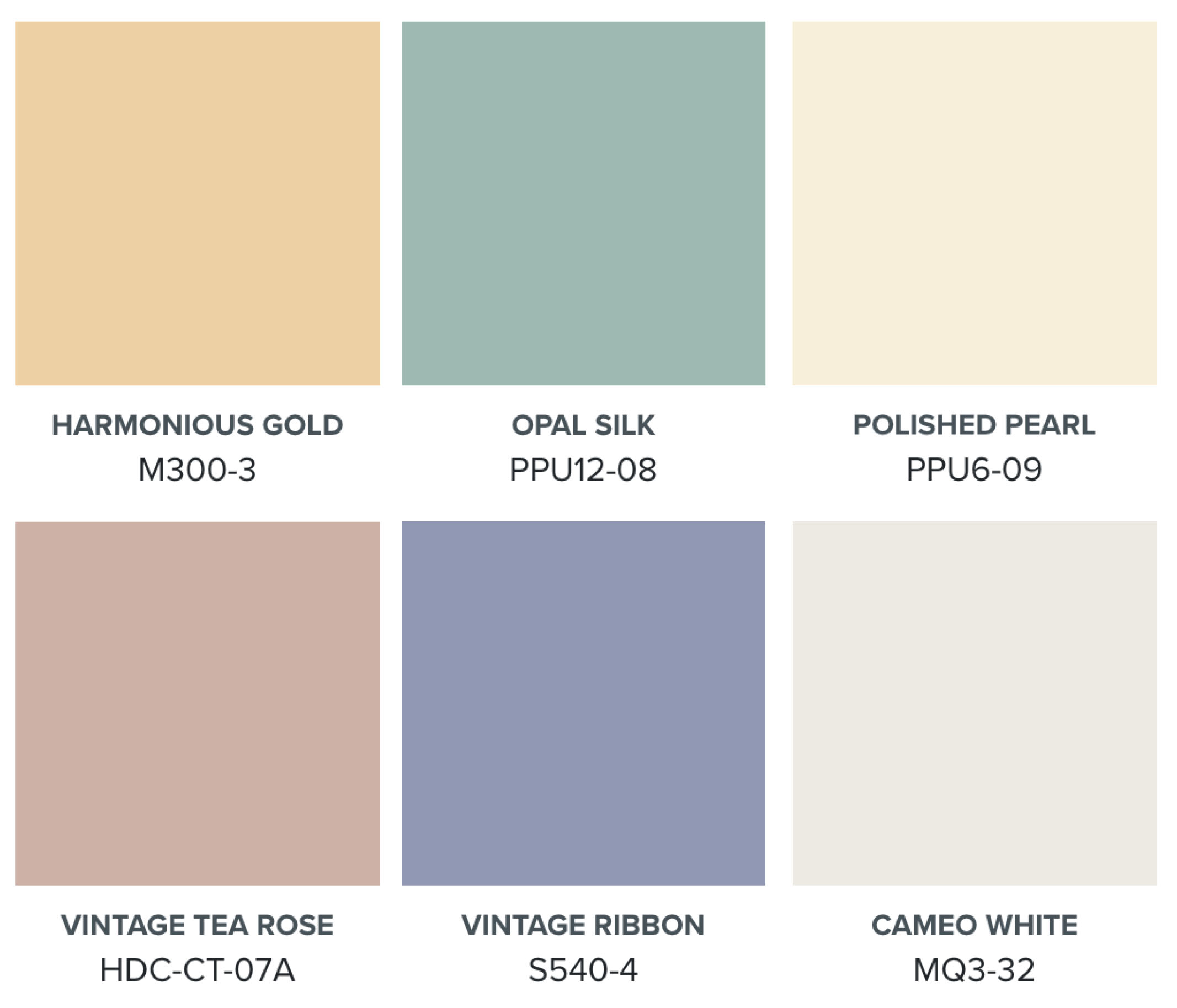 Regency Romance BEHR paint colour palette featuring Harmonious Gold M300-3, Opal Silk PPU12-08, Polished Pearl PPU6-09, Vintage Tea Rose HDC-CT-07A, Vintage Ribbon S540-4, and Cameo White MQ3-32 for a romantic Regency-inspired interior colour palette.
