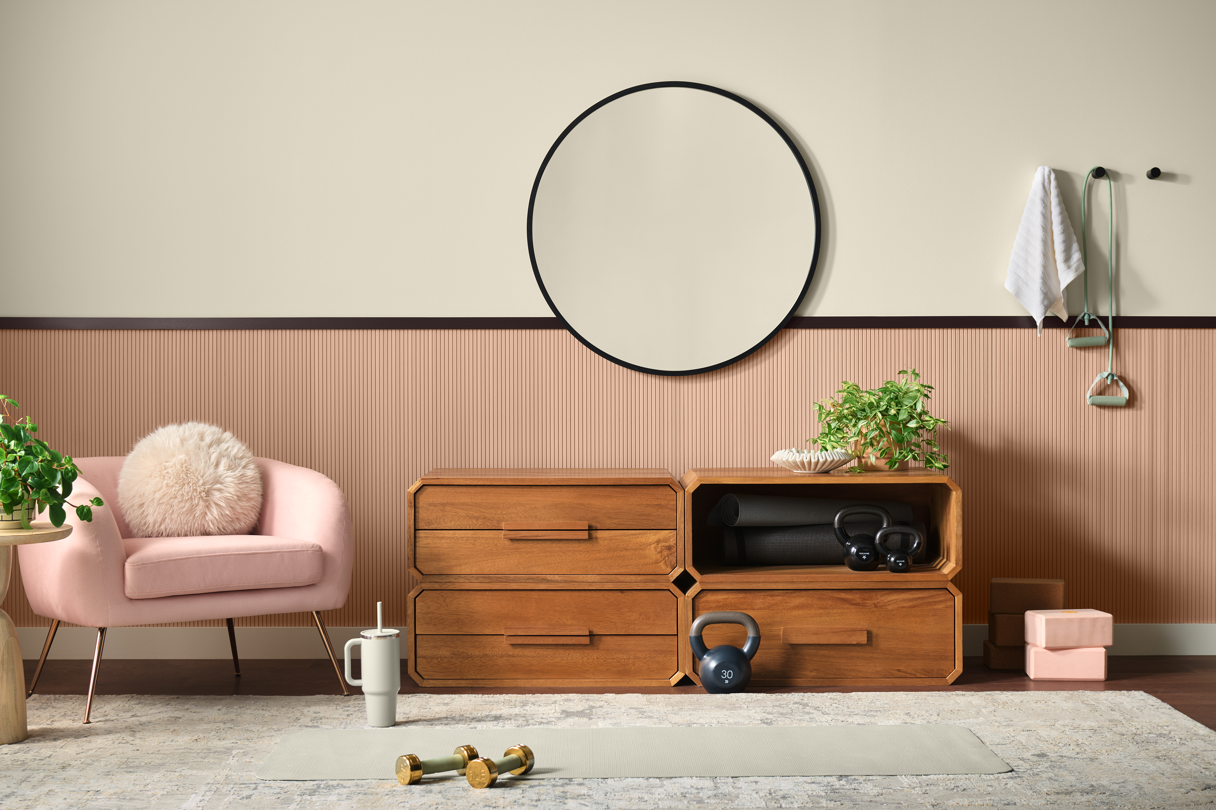 Yoga room with Coastal Beige PPU7-13 as the main wall colour and Sedona Pink S190-3 on the lower wall, paired with natural wood, greenery, and soft neutral décor.