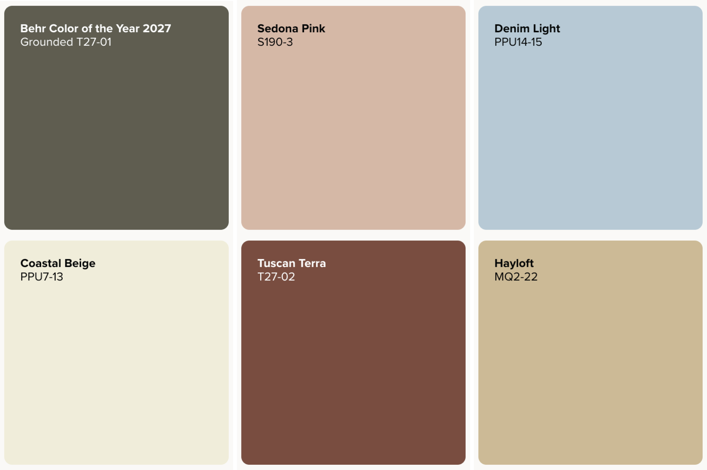 BEHR Elemental colour palette featuring Grounded T27-01, Coastal Beige PPU7-13, Sedona Pink S190-3, Tuscan Terra T27-02, Hayloft MQ2-22, and Denim Light PPU14-15 inspired by earth, sky, and natural landscapes.