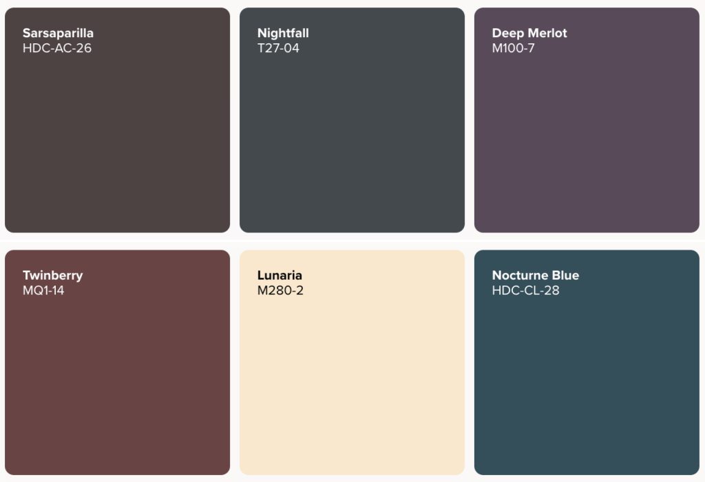 Mystical Midnights whimsigoth colour palette featuring Sarsaparilla HDC-AC-26, Nightfall T27-04, Deep Merlot M100-7, Twinberry MQ1-14, Lunaria M280-2 and Nocturne Blue HDC-CL-28.