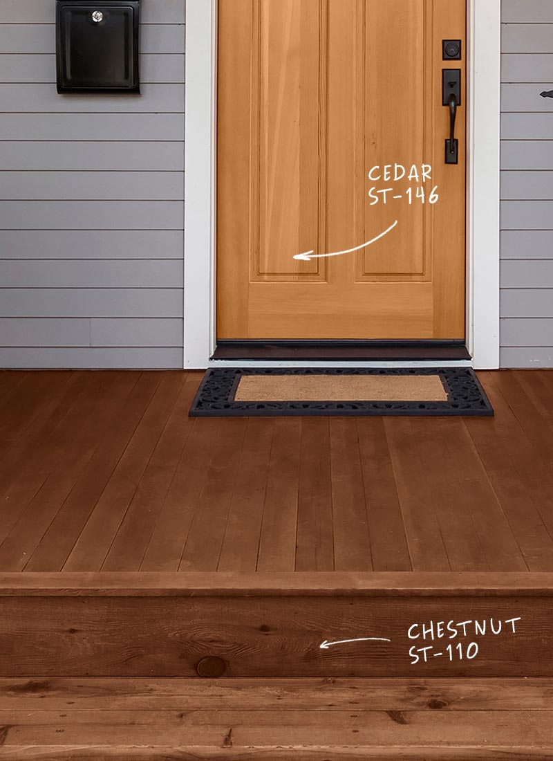 Home deck stained in Chestnut, Behr Premium Semi-Transparent Waterproofing Stain & Sealer.